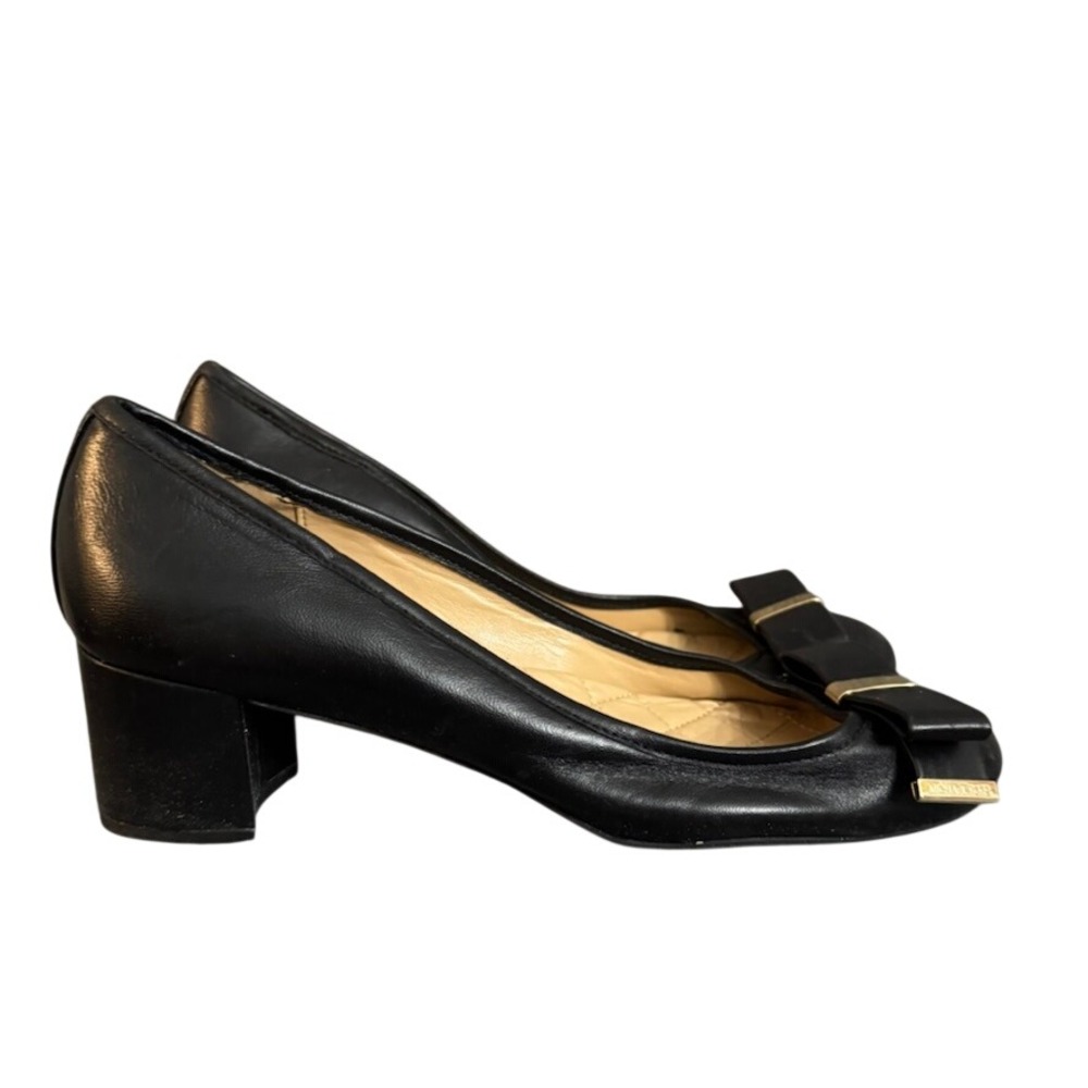 Michael Kors Black Leather Bow Block Heel Pumps Gold Hardware Round Toe Shoes 10
